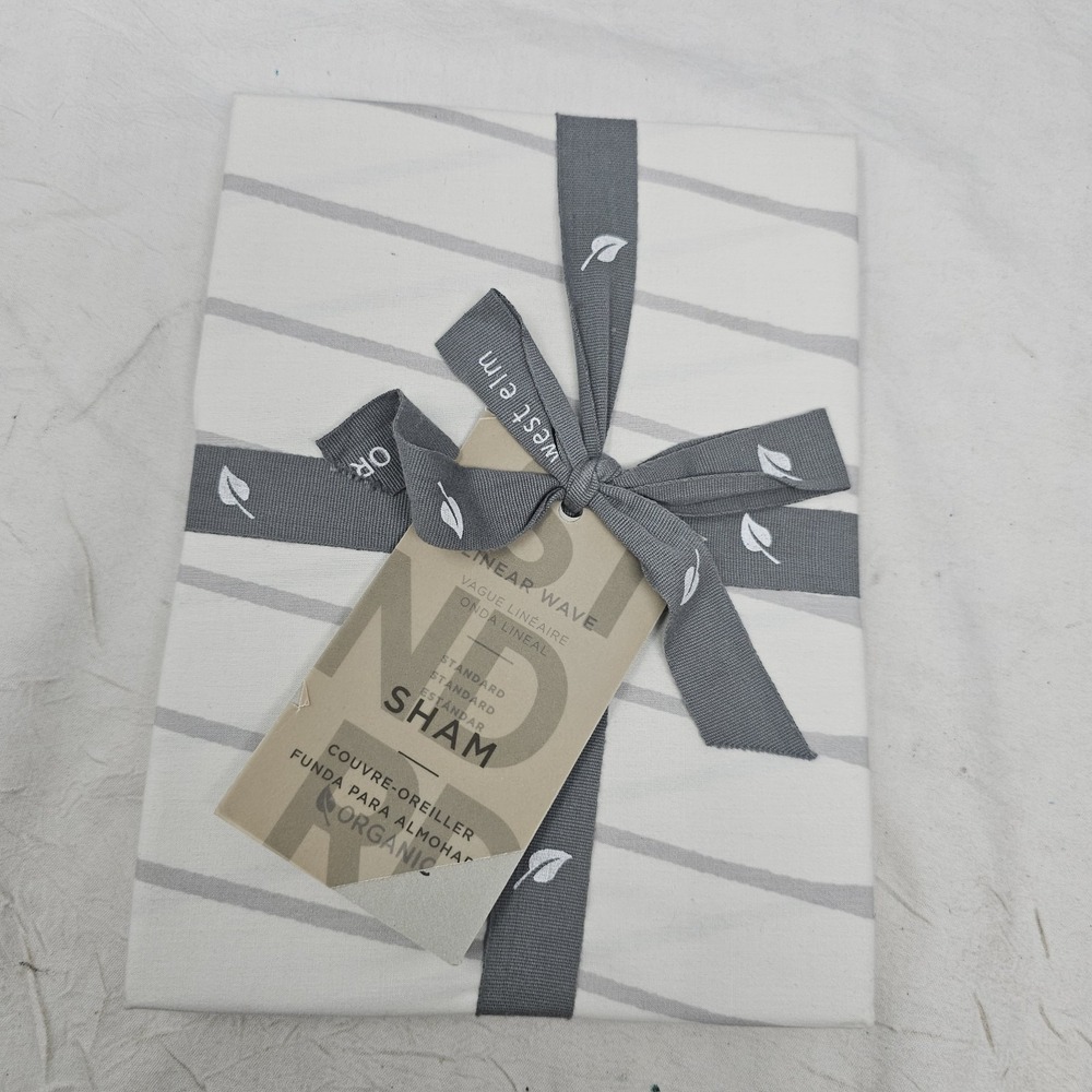 West Elm Linear Wave Sham White/ Fog Gray Organic‎ New NWT